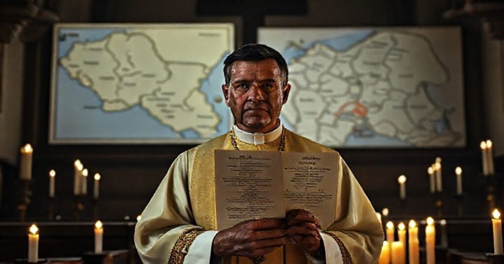 A sedevacantist priest in traditional Catholic vestments holds the Luluaburgensis document in a solemn church setting with a map of the Belgian Congo's Apostolic Vicariates in the background.