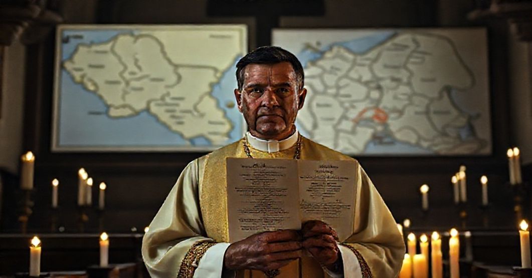 A sedevacantist priest in traditional Catholic vestments holds the Luluaburgensis document in a solemn church setting with a map of the Belgian Congo's Apostolic Vicariates in the background.