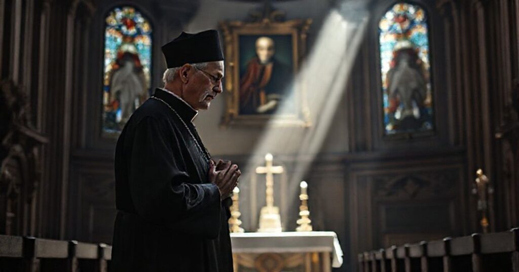 An elderly priest in traditional black cassock praying in a dimly lit church with stained-glass windows and an antique portrait of Pope St. Pius X in the background.