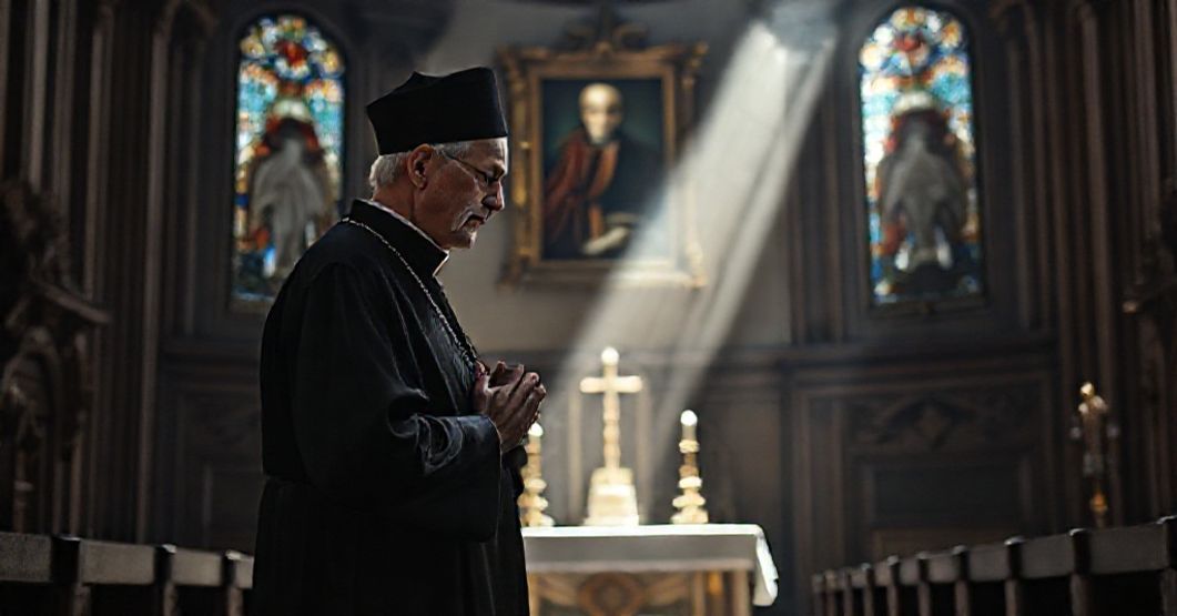 An elderly priest in traditional black cassock praying in a dimly lit church with stained-glass windows and an antique portrait of Pope St. Pius X in the background.