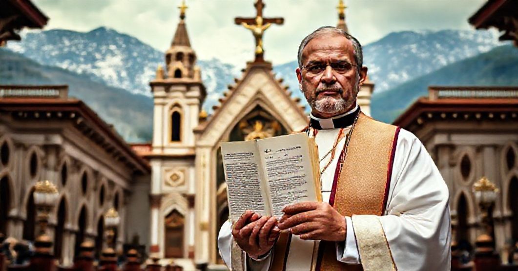 A sedevacantist priest in traditional vestments stands solemnly in front of a historic Catholic cathedral in Simla (Shimla), India, holding a copy of the 'Delhiensis et Simlensis' document, with the Himalayan mountains in the background.