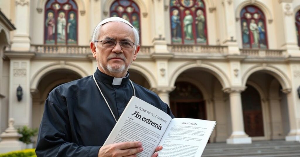 A sedevacantist Catholic priest standing solemnly in front of the Pontifical and Royal University of Santo Tomas in Manila, holding a copy of the ‘In extremis’ letter by John XXIII.