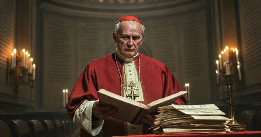 A Catholic bishop in traditional vestments stands solemnly in a candlelit chapel, reflecting on the dangers of modernist documents.