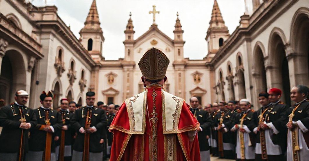 The Subversive Legacy of Seguntinae: A Visual Depiction of Ecclesiastical Manipulation A solemn Catholic bishop in traditional regalia stands before the newly elevated concathedral of the Blessed Virgin Mary in Guadalajara, symbolizing the deceptive merger of dioceses under John XXIII's Seguntinae decree.