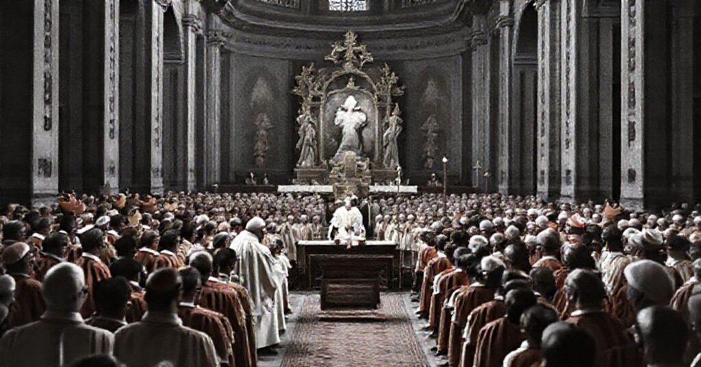 A solemn image of the semi-public consistory of 30 May 1960 under John XXIII, featuring cardinals and bishops gathered in St. Peter's Basilica for the canonization of John de Ribera.
