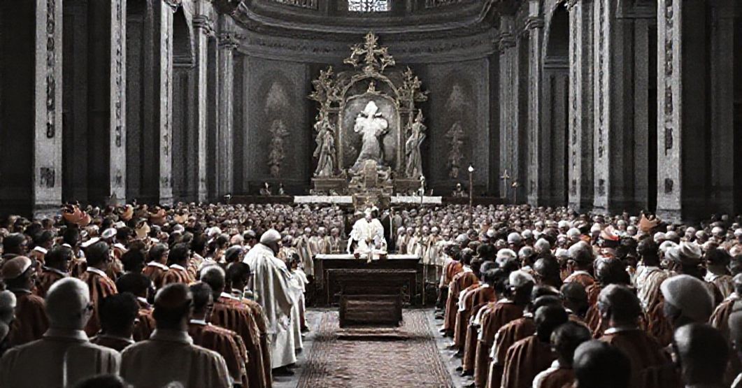 A solemn image of the semi-public consistory of 30 May 1960 under John XXIII, featuring cardinals and bishops gathered in St. Peter's Basilica for the canonization of John de Ribera.