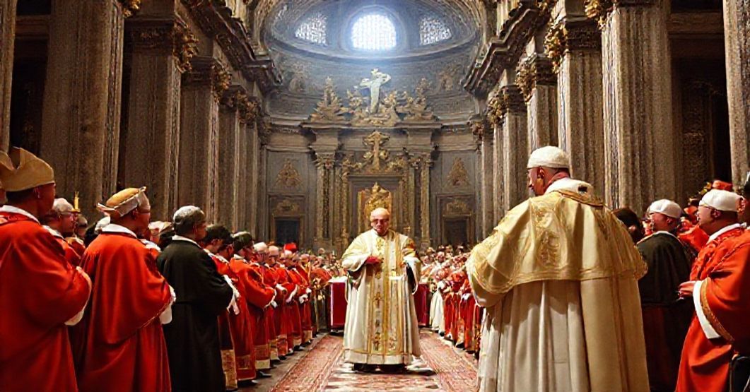 A solemn scene of a semi-public consistory in St. Peter's Basilica on 30 May 1960, with Angelo Roncalli announcing the canonization of John of Ribera.
