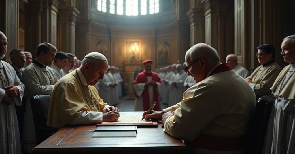 Pope John XXIII writing 'Semper exspectatus' letter in a papal study with Archbishop Barbieri and faithful in Montevideo cathedral.