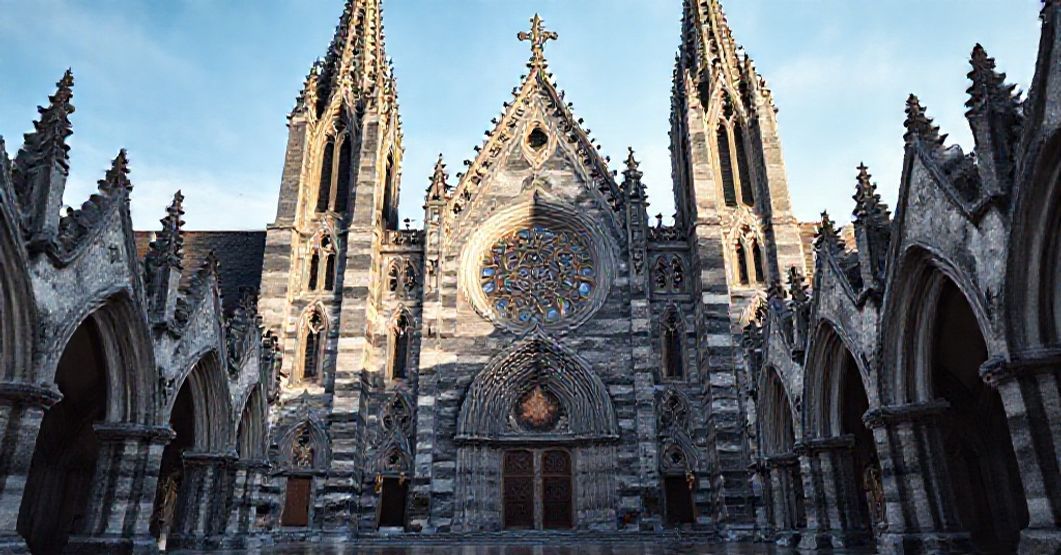 Sherbrooke Cathedral's neo-gothic facade under soft natural light, symbolizing the false dignity of a minor basilica granted by a false pope.