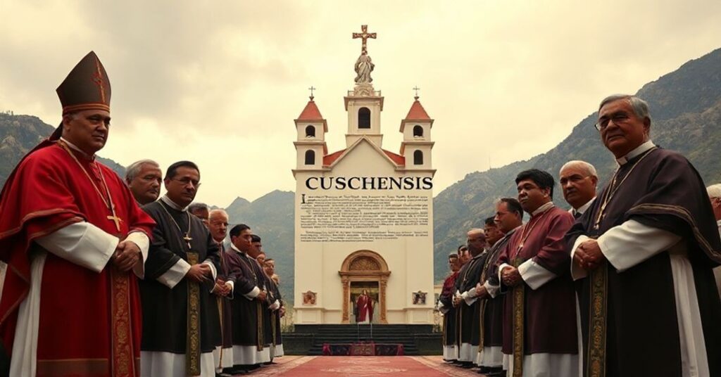 Traditional Catholic scene depicting the 1959 erection of the Sicuani Prelature in Peru under Ioannes XXIII, highlighting canonical form without doctrinal substance.