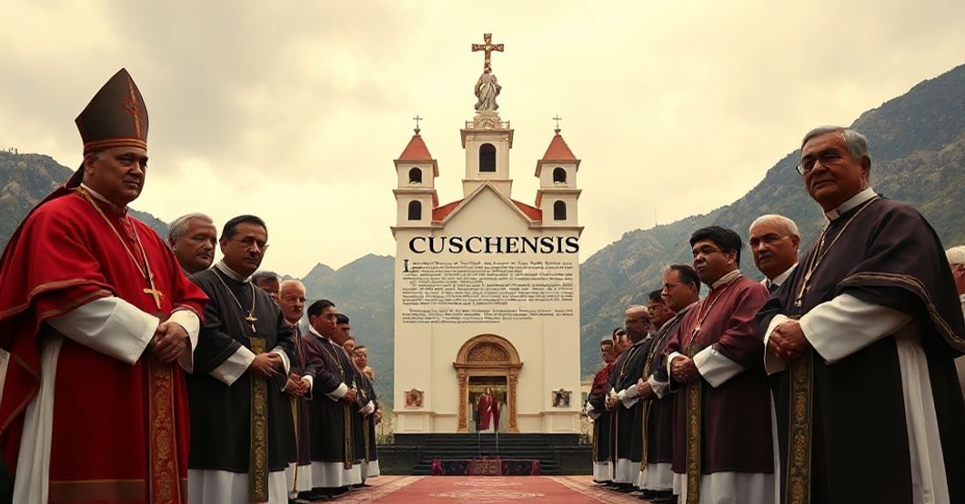 Traditional Catholic scene depicting the 1959 erection of the Sicuani Prelature in Peru under Ioannes XXIII, highlighting canonical form without doctrinal substance.