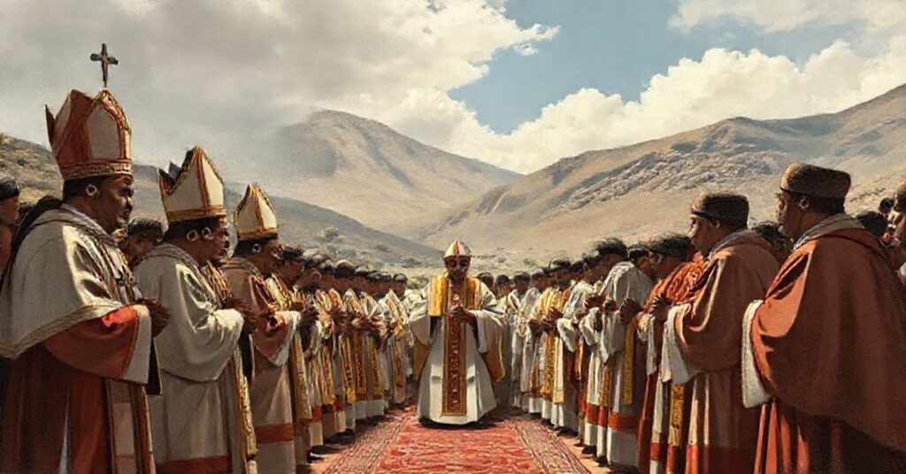 A solemn Catholic ceremony markig the establishment of the Sicuani Prelature in 1959, reflecting the theological crisis and administrative changes in the Archdiocese of Cuzco.