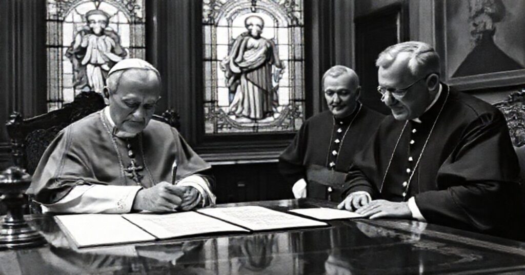 A traditional Catholic depiction of the signing of the apostolic constitution TUDENSIS by John XXIII in 1959, highlighting the solemnity and gravity of the act in a Vatican office setting.