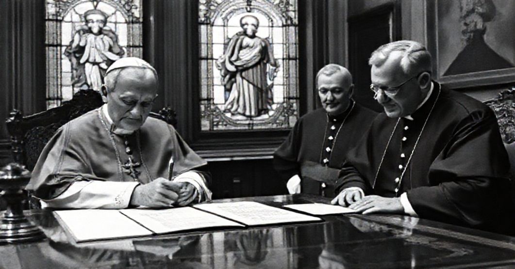 The Signing of TUDENSIS: A Prelude to Revolution A traditional Catholic depiction of the signing of the apostolic constitution TUDENSIS by John XXIII in 1959, highlighting the solemnity and gravity of the act in a Vatican office setting.