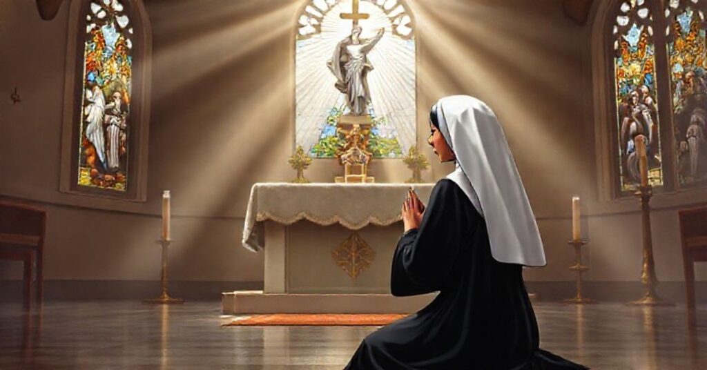 Sister Helena Guerra kneeling in prayer before an altar adorned with a statue of the Holy Spirit and a crucifix.