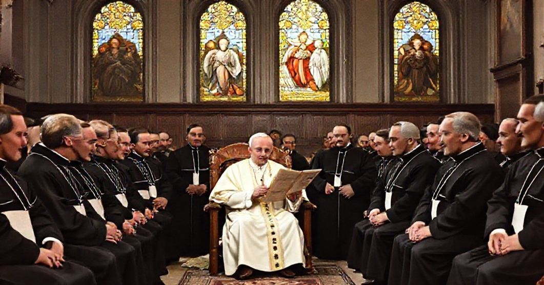 Pope John XXIII solemnly approves the revised Rule and Constitutions of the Passionists in 1959, surrounded by Passionist superiors in a grand papal audience hall.