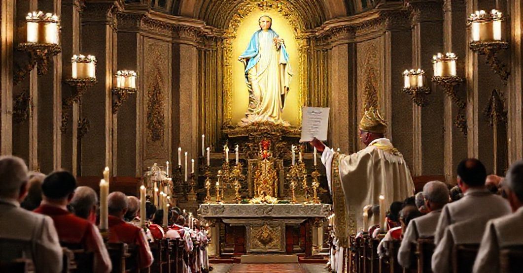 Solemn Ceremony for Marian Patronage in Greensburg A reverent Catholic ceremony in a traditional church, with a bishop in full regalia holding a document titled 'Qui Catholico,' against the backdrop of a large statue of the Assumption of Mary.