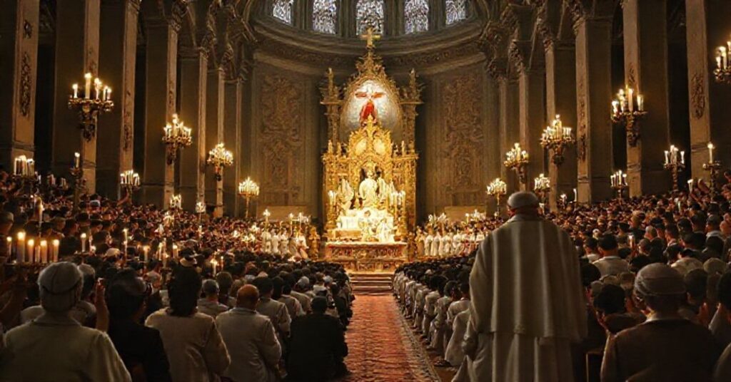 A solemn Eucharistic Congress in Curitiba, Brazil, with Cardinal Jaime de Barros Cámara as the papal legate of John XXIII, depicting faithful Catholics in traditional attire adoring the Blessed Sacrament.