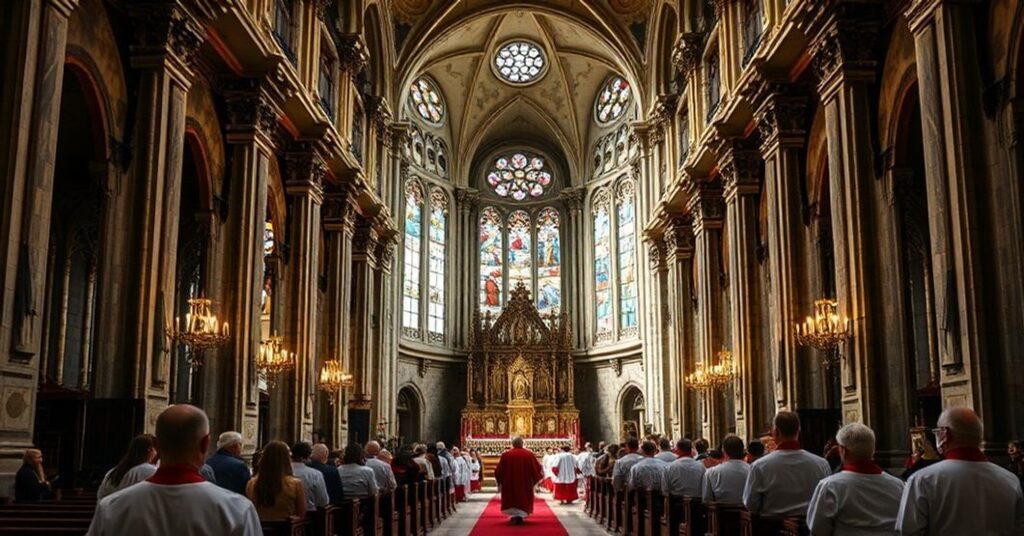 Interior of St Peter's Church in Soria, Spain, depicting its new concatedral status with clergy in traditional vestments.