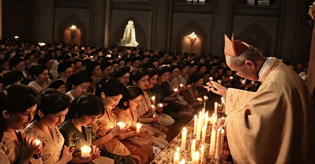 A solemn Marian Congress in Saigon, 1959, with Cardinal Agagianian as papal legate presiding over a pontifical Mass before devout Vietnamese faithful.