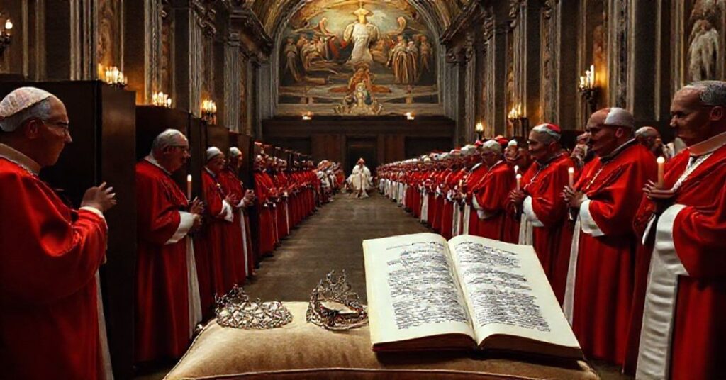 Cardinals in traditional robes during a solemn papal election in the Sistine Chapel, reflecting the tension between tradition and modernist subversion.