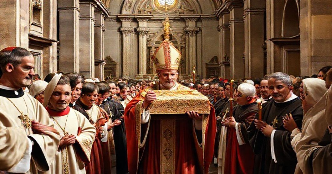 Solemn transfer of Saint Venerius' relic by conciliar bishop Giuseppe Stella in a traditional Catholic procession.
