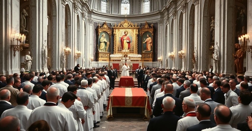 A solemn Catholic ceremony in Venice, Italy, 1959, with Cardinal Giovanni Urbani presiding over the transfer of St. Pius X's bodily remains.