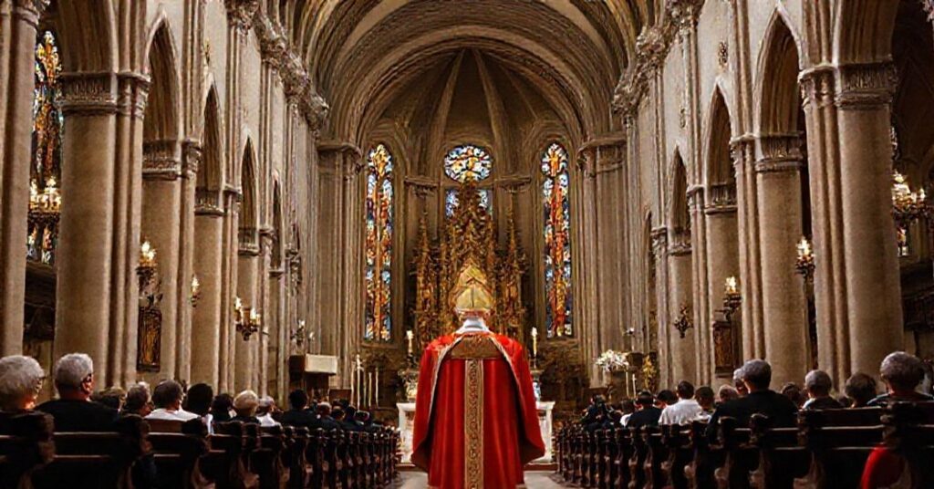 A traditional Catholic bishop in full regalia stands solemnly before the altar of St. Nicholas in Alicante, surrounded by canons and faithful. The co-cathedral status of Oriolensis-Lucentina is prominently displayed in a richly decorated Gothic or Baroque-style church.