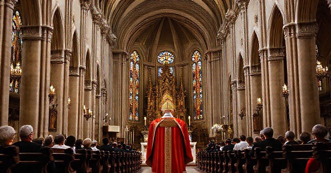 A traditional Catholic bishop in full regalia stands solemnly before the altar of St. Nicholas in Alicante, surrounded by canons and faithful. The co-cathedral status of Oriolensis-Lucentina is prominently displayed in a richly decorated Gothic or Baroque-style church.