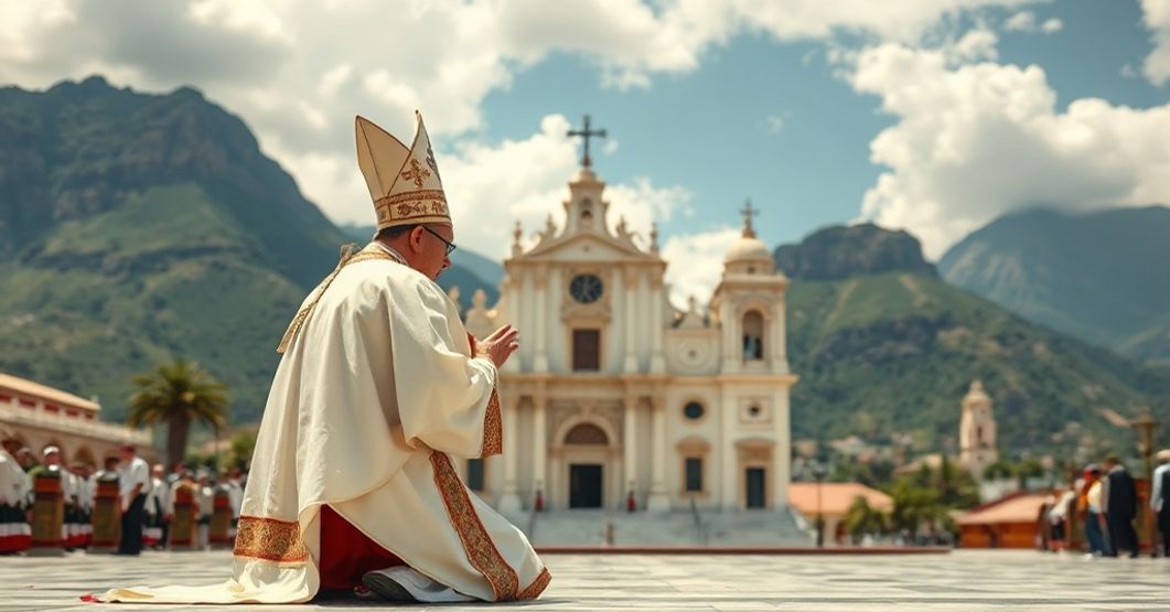 A solemn Catholic bishop in traditional vestments praying in front of a historic cathedral in Tehuantepec, Mexico, embodying the spiritual gravity of the 1959 apostolic constitution Verae Crucis - Tehuantepecensis.