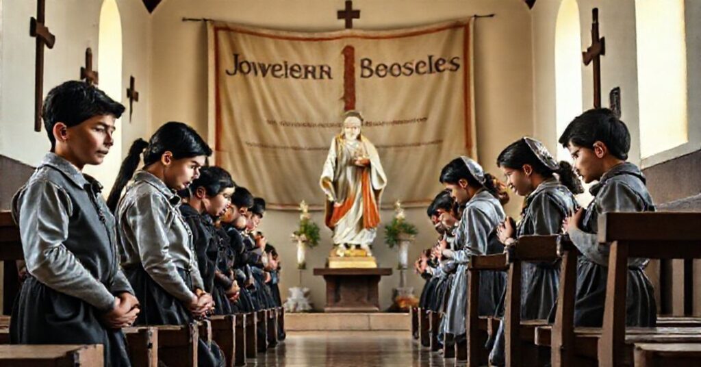 Young Spanish apprentices kneeling in prayer before Saint John Bosco's statue in a humble chapel, reflecting traditional Catholic devotion and moral guidance.