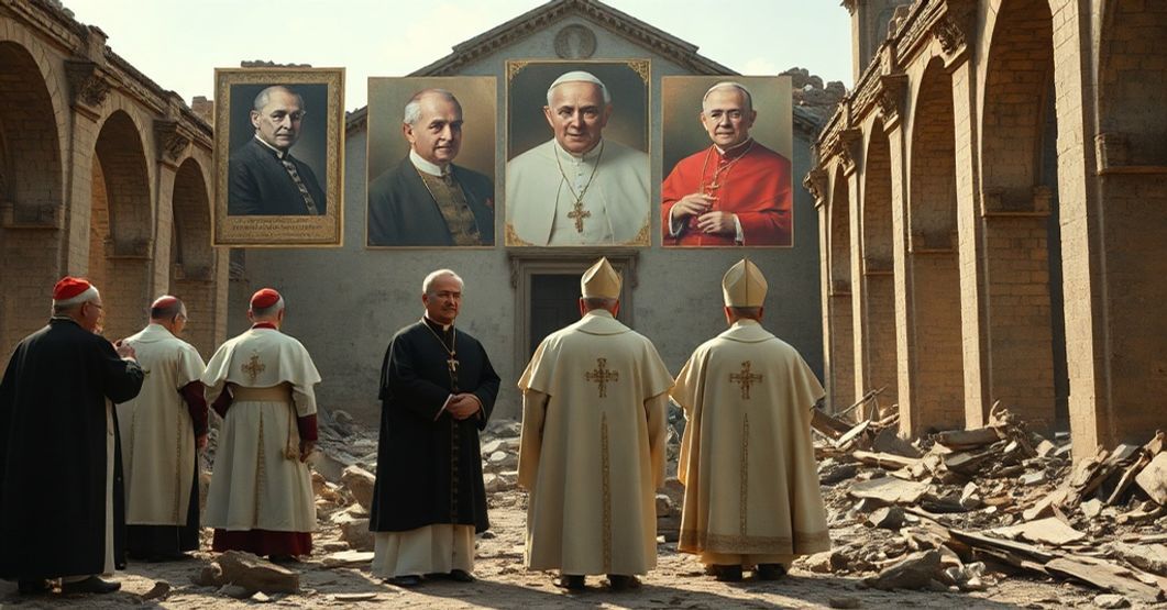 The Spiritual Decay Under the Conciliar Revolution Catholic bishops in traditional vestments stand amidst ruins of a cathedral in Madagascar, symbolizing the spiritual decay under the conciliar revolution.