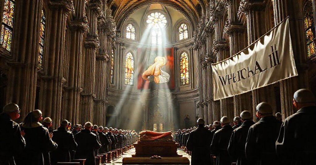 Franciscan friars in traditional habits pray before the relics of St. Anthony of Padua in a basilica, with a banner referencing Vatican II subtly in the background.