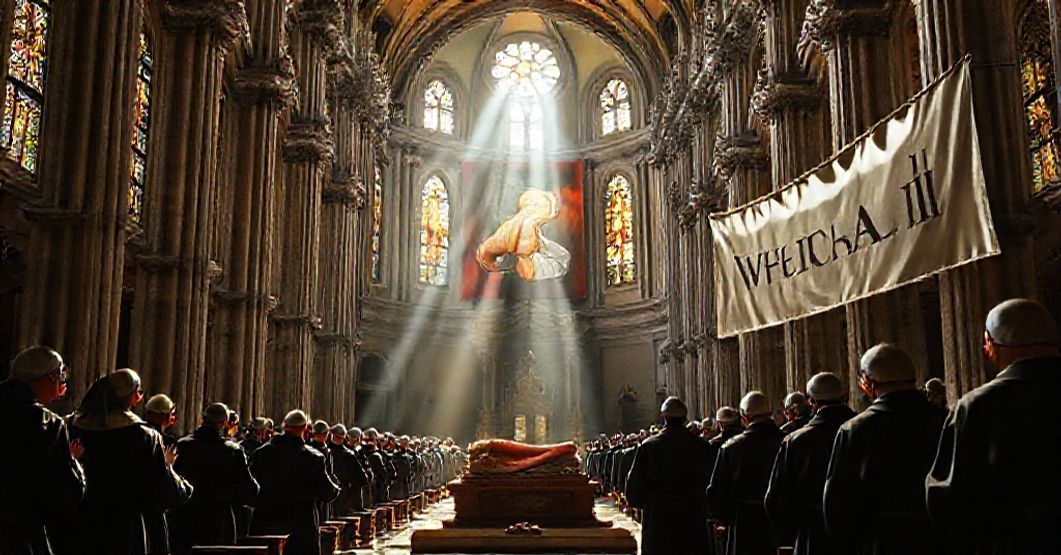 Franciscan friars in traditional habits pray before the relics of St. Anthony of Padua in a basilica, with a banner referencing Vatican II subtly in the background.