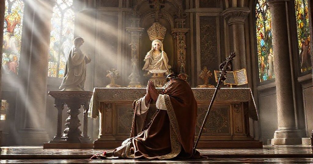 St. Antoninus of Florence kneeling in prayer before a baroque altar with a statue of the Virgin Mary, surrounded by medieval manuscripts and an archiepiscopal crozier in a historic Florentine church.