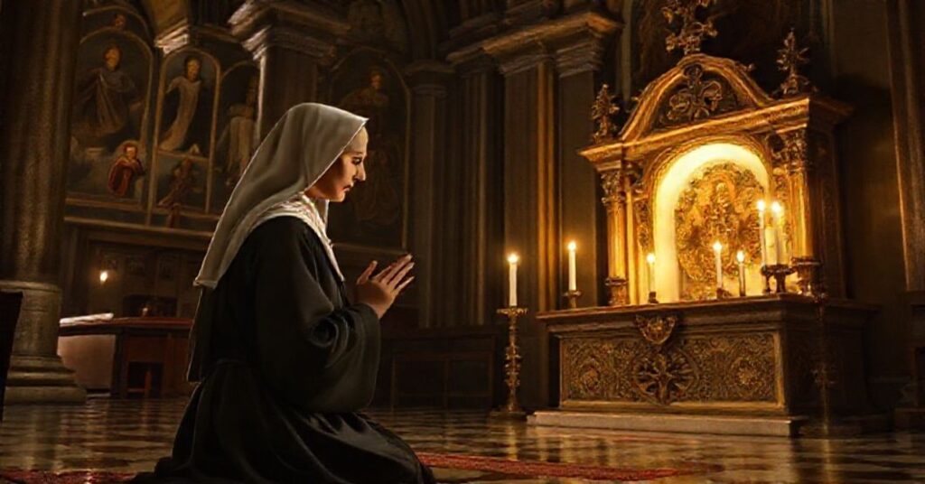 St. Catherine of Bologna in prayer before a tabernacle in a traditional Catholic church