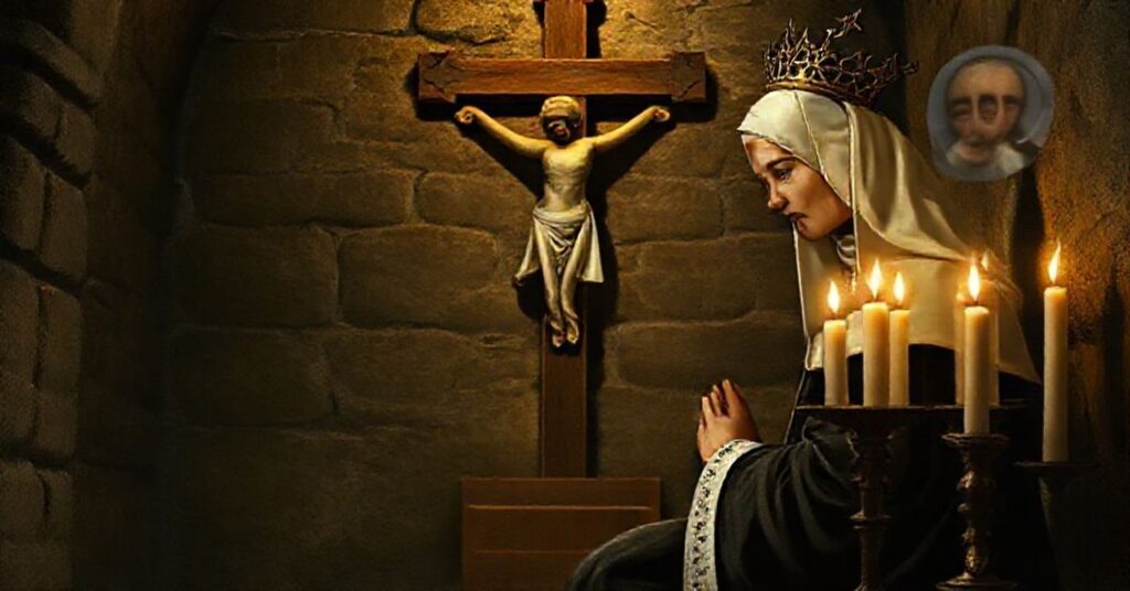 St. Catherine of Siena kneeling in prayer before a crucifix adorned with the papal tiara in a dimly lit Italian chapel, symbolizing her defense of the Roman Pontiff and the betrayal of her legacy by modernist forces.