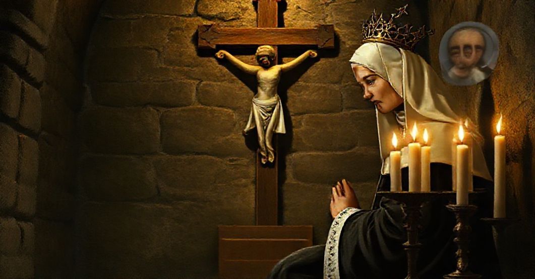 St. Catherine of Siena and the Betrayal of Her Legacy St. Catherine of Siena kneeling in prayer before a crucifix adorned with the papal tiara in a dimly lit Italian chapel, symbolizing her defense of the Roman Pontiff and the betrayal of her legacy by modernist forces.