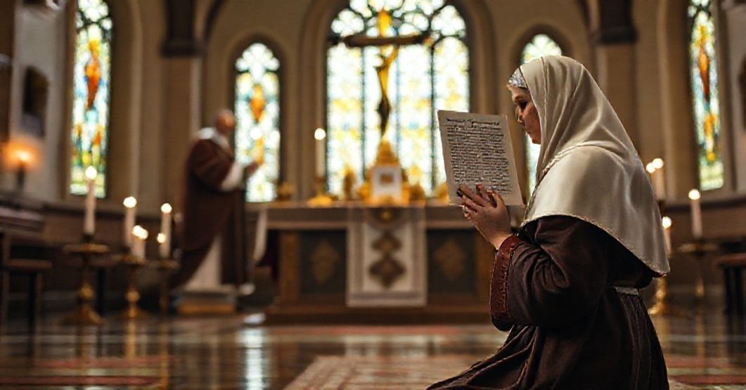 St. Catherine of Siena praying before an altar with crucifix and Eucharistic symbols in a candlelit chapel, contrasted with an anachronistic figure of antipope John XXIII holding the letter Hoc Anno (1961.07.20).