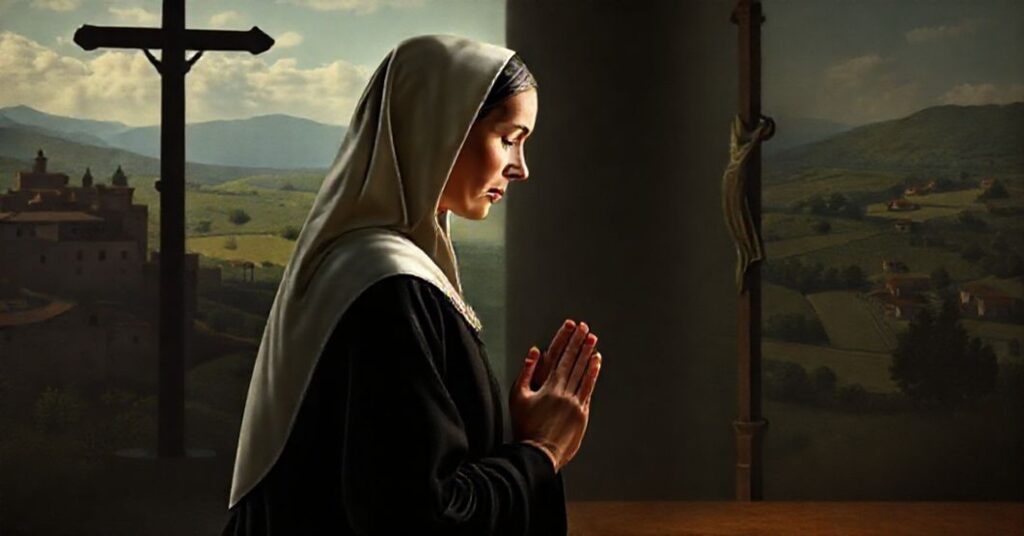 A Catholic portrait of St. Catherine of Siena lamenting the modernist betrayal of her teachings in the Vatican.