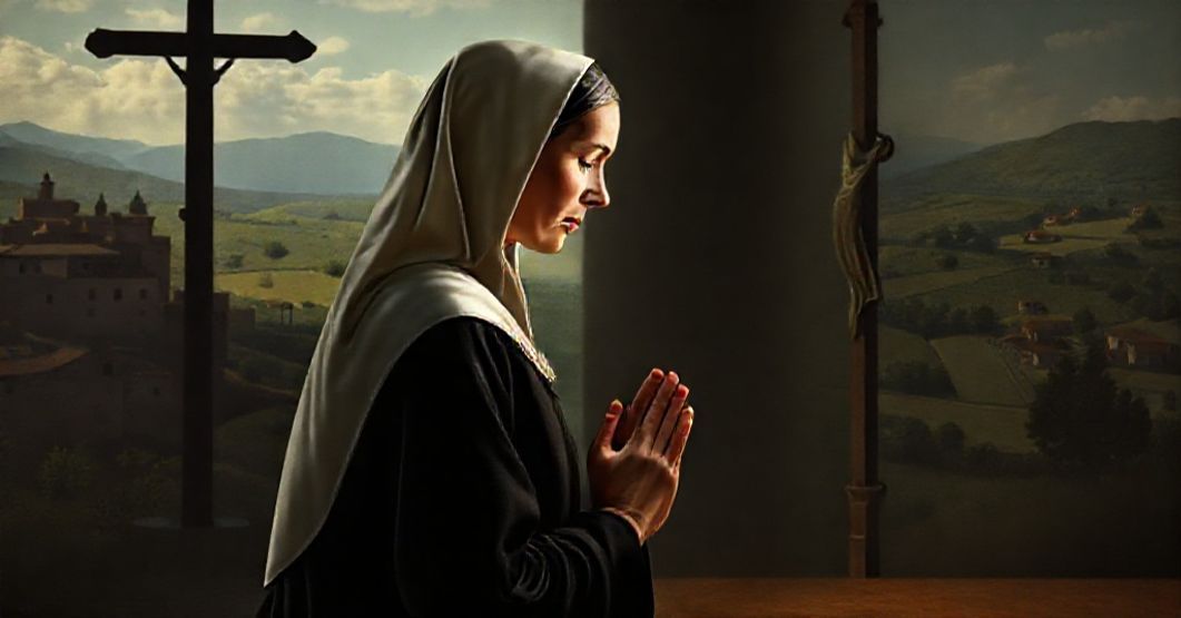 A Catholic portrait of St. Catherine of Siena lamenting the modernist betrayal of her teachings in the Vatican.