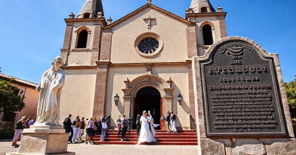 St. Charles Borromeo Church in Carmel, California, as a minor basilica with Our Lady of Bethlehem statue and wedding ceremony.