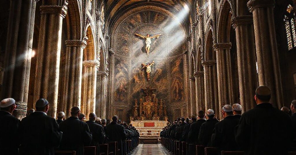 Medieval church of St. Dominic in Arezzo with Gothic-Romanesque architecture and Cimabue crucifix, reflecting conciliar era usurpation.