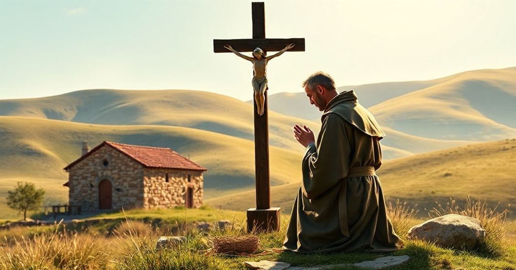 St. Francis of Assisi kneeling in prayer in a serene landscape of Assisi's countryside.