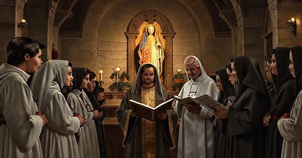 St. Gabriel of Our Lady of Sorrows in a traditional Catholic scene with young seminarians and a priest reading John XXIII's letter 'Sanctitatis altrix' in a serene Passionist monastery.