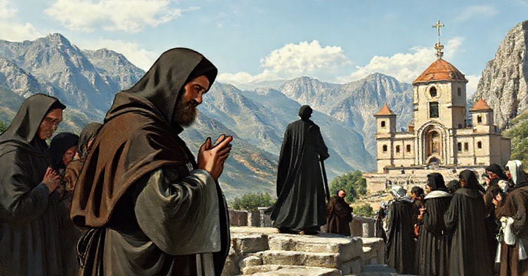 St. Gabriel of Our Lady of Sorrows praying at Isola del Gran Sasso shrine in traditional Passionist habit with 19th-century pilgrims in reverent devotion.