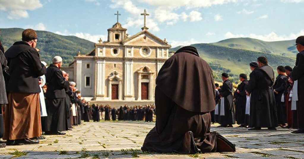 St. Gabriel of Our Lady of Sorrows kneeling in prayer before the Basilica of Isola del Gran Sasso in Abruzzo.