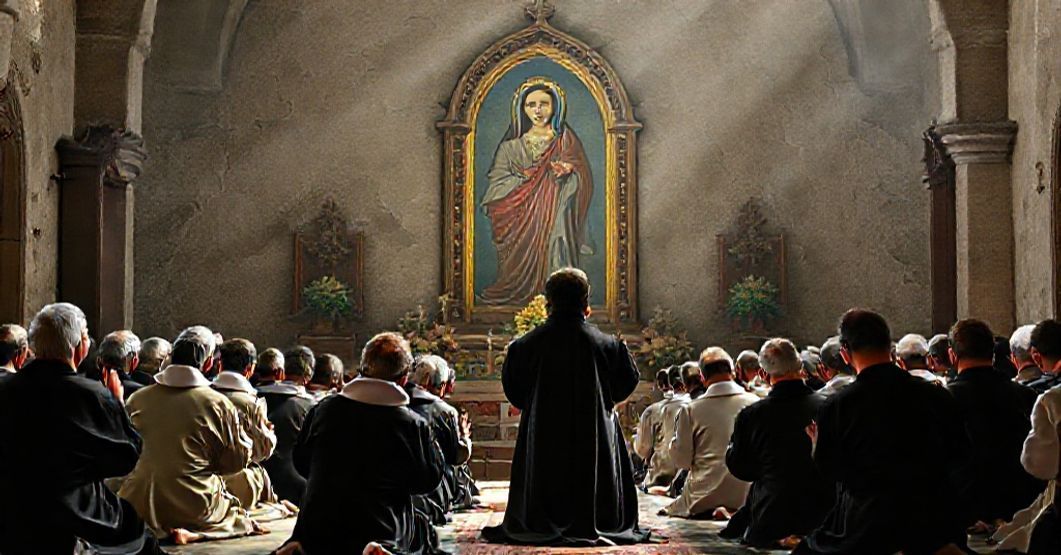 St. Gabriel of Our Lady of Sorrows in traditional Passionist habit praying before an icon of Our Lady of Sorrows at the shrine in Isola del Gran Sasso.