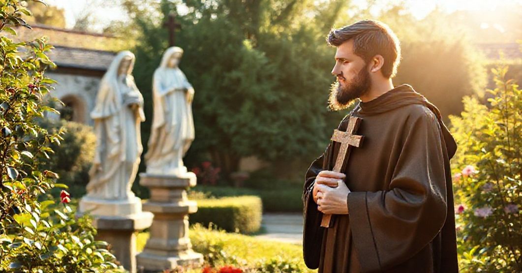 A traditional Catholic image of St. Gabriel of Our Lady of Sorrows in a serene monastery garden, holding a crucifix and gazing at a statue of the Virgin Mary.