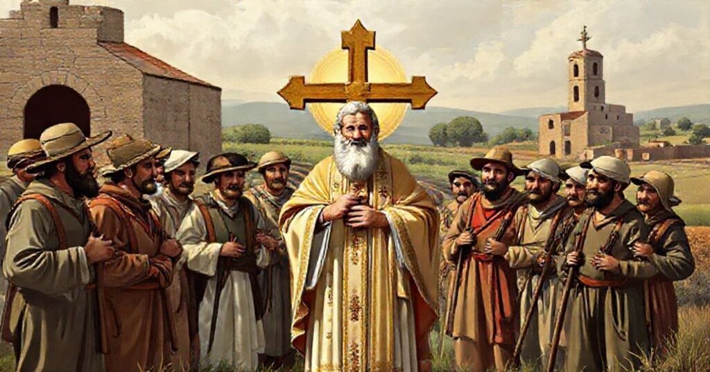 Saint Isidore the Farmer with John XXIII in a pious rural setting symbolizing the patronage of Spanish agricultural workers.